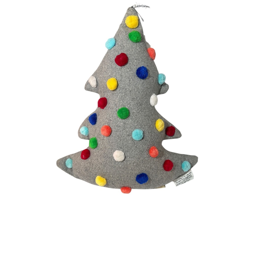 H for Happy Pom Pom Christmas Tree Throw Pillows Set of‎ 2 Gray Holiday Decor - Picture 2 of 5